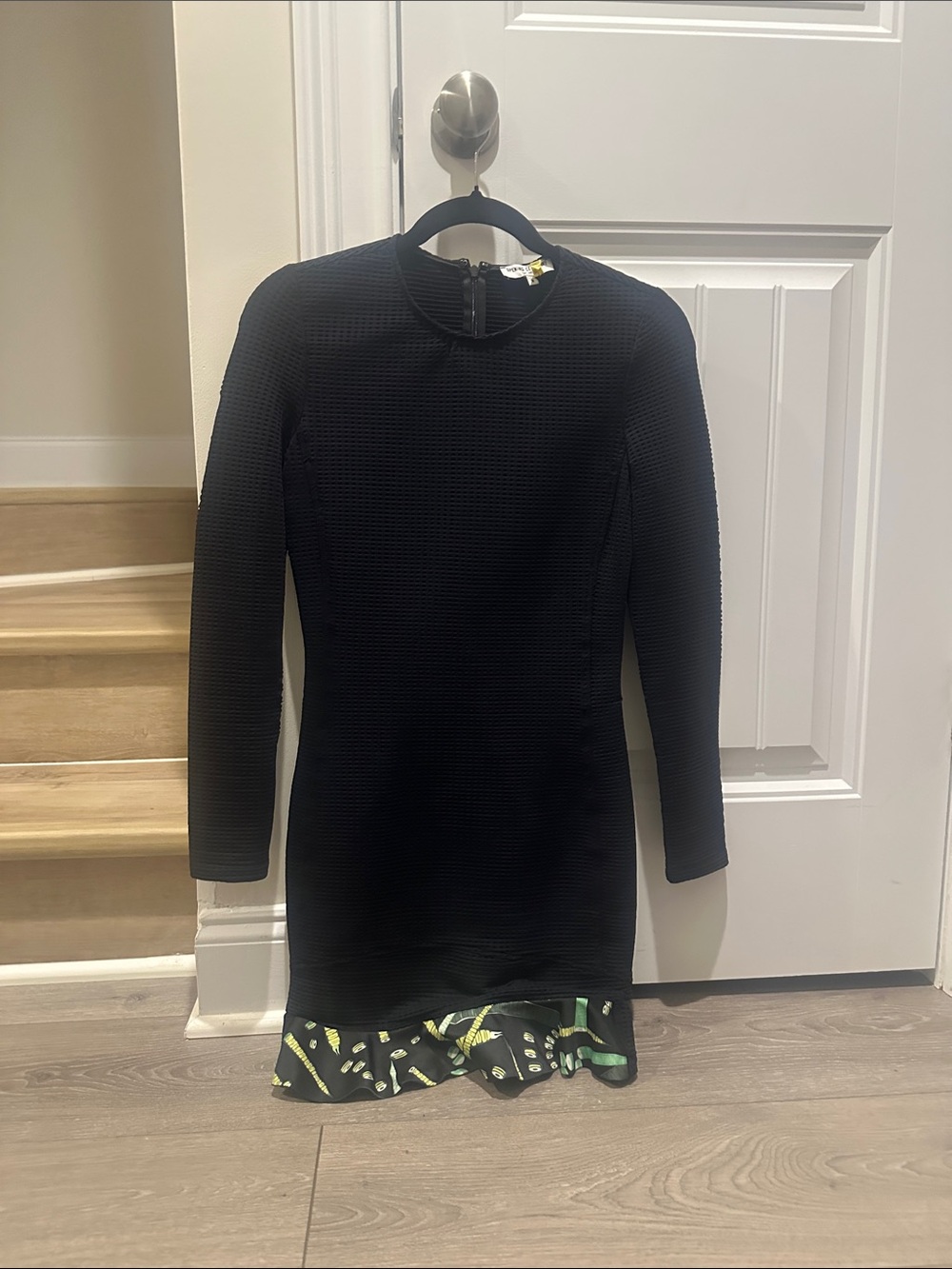 Black Long-Sleeve Dress with Printed Hem
